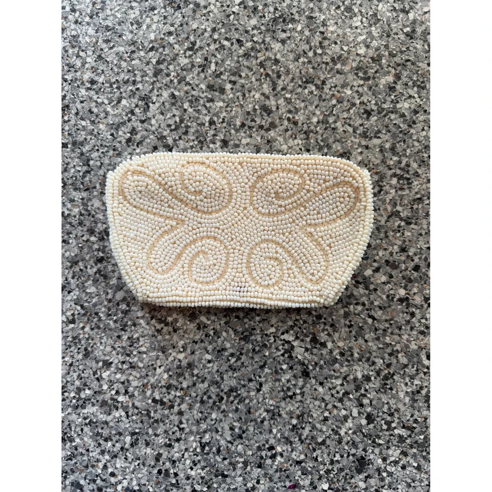 Vintage Cream Seed Bead Clutch Swirl Scroll Pattern Ivory Evening Bag 7x4